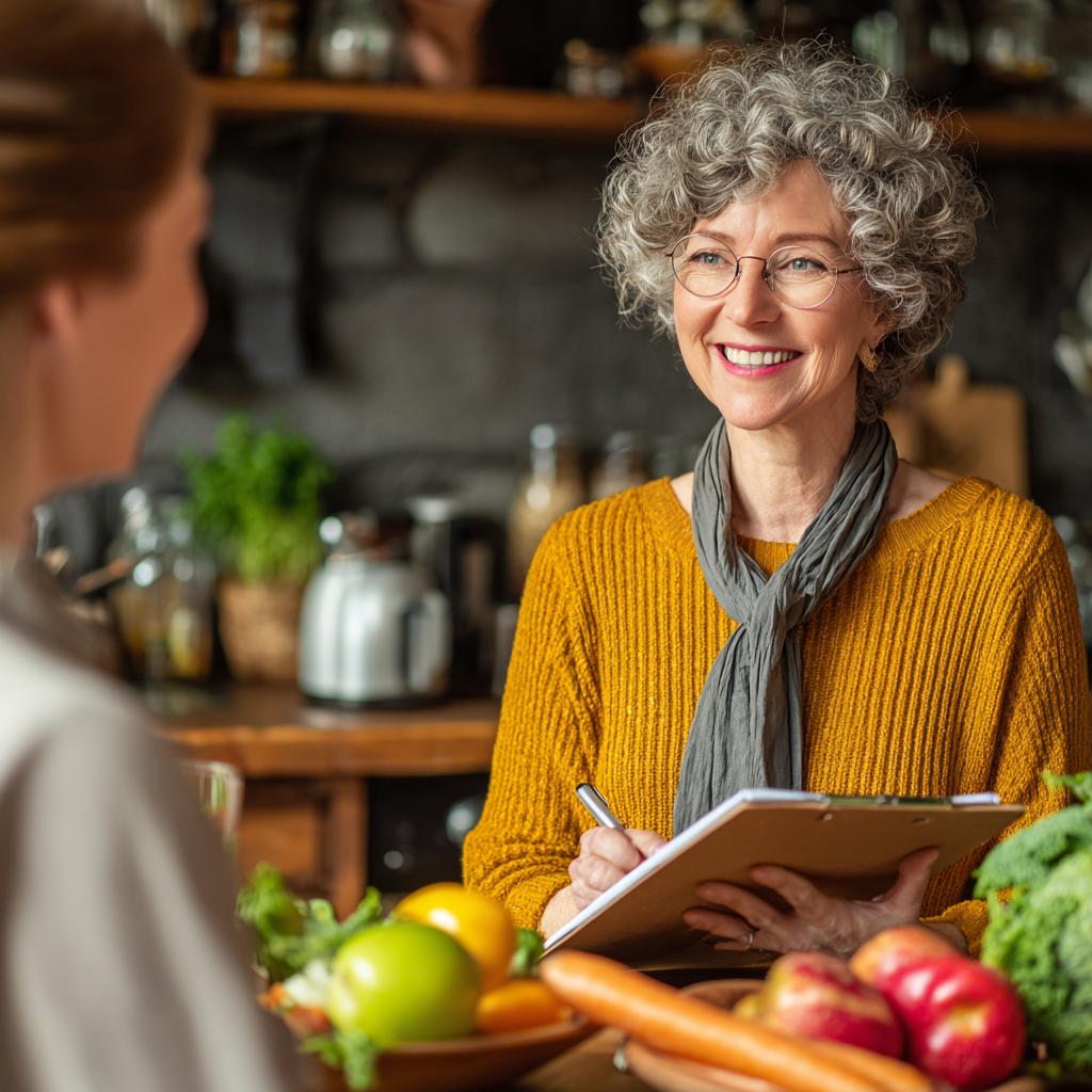 50 years old woman consulting with nutritionist about balanced meal planning