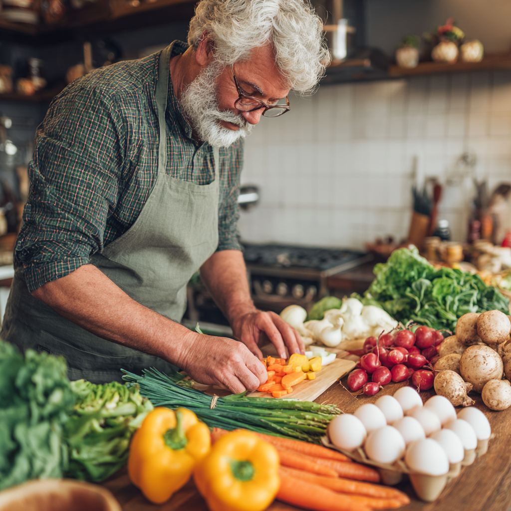 51 years old man preparing fresh vegetables and healthy ingredients for balanced nutrition