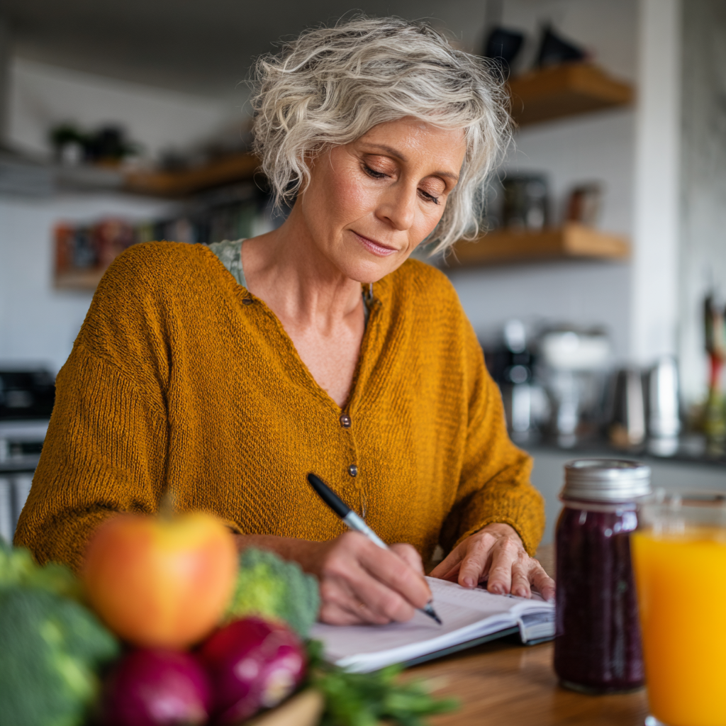 52 years old woman writing down nutrition goals and meal preferences during consultation